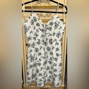 Very J White Lace Up Spaghetti Strap Dress with Blue Floral Design Size Small